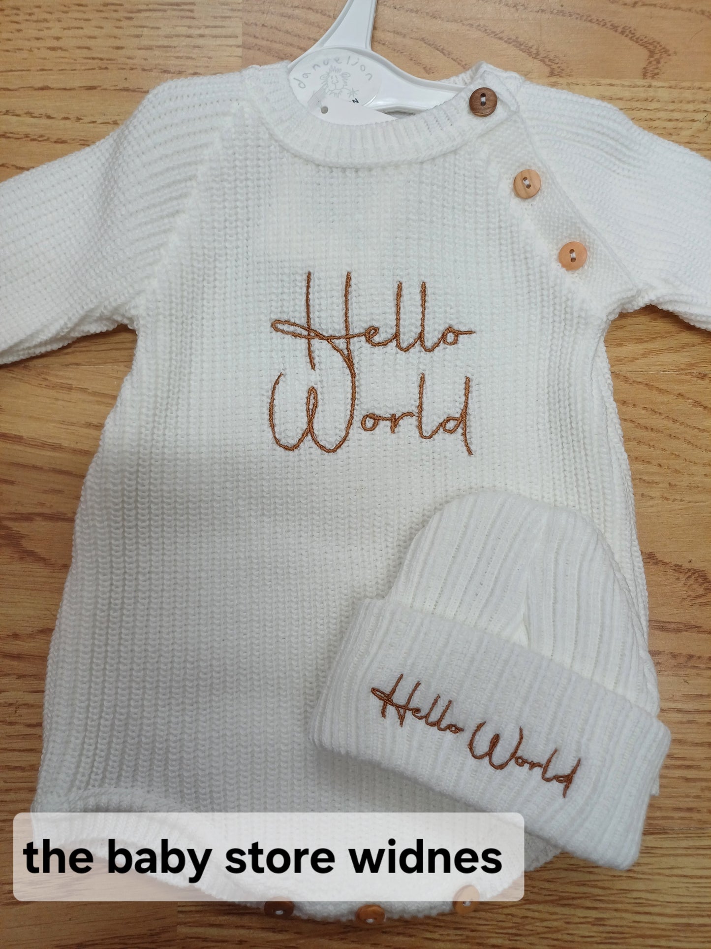 Dandelion unisex romper and hat set embroidered with  hello world