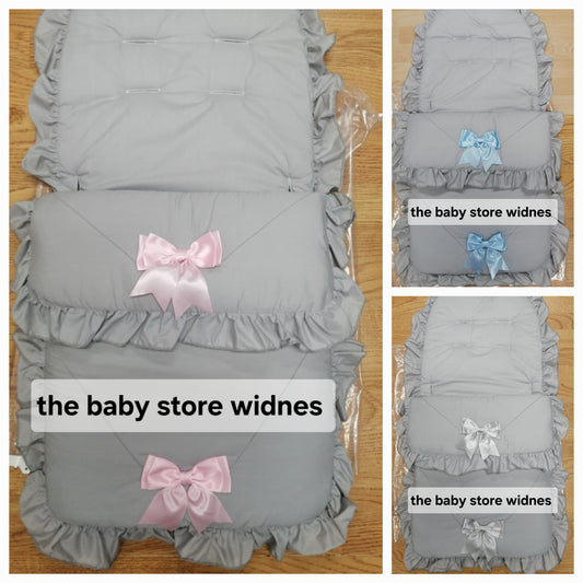 Baby Boys or girls  universal pram cosytoes  / footmuff  / pram set colour grey / black bows