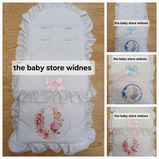 Baby Boys or girls universal fit  pram cosytoes footmuff pram set with peter rabbit themed  print