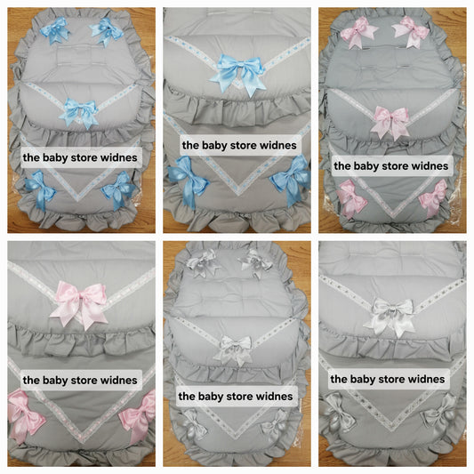 Baby Boys or girls universal pram cosytoes footmuff pram set with bows