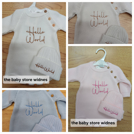 Dandelion unisex romper and hat set embroidered with  hello world