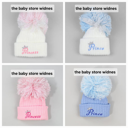 Baby Boys or girls embroidered  pom hats with prince  or princess