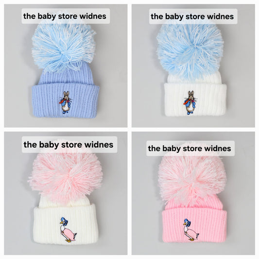 Baby Boys or girls  embroidered pom hats with peter rabbit or jemima puddle duck