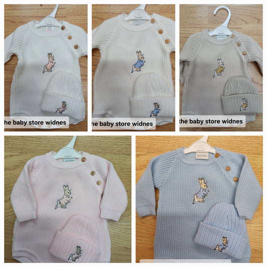 Dandelion embroidered romper set with hat  and  peter rabbit themed embroidery