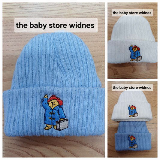 Babys  knitted beanie hats  embroidered with  a bear