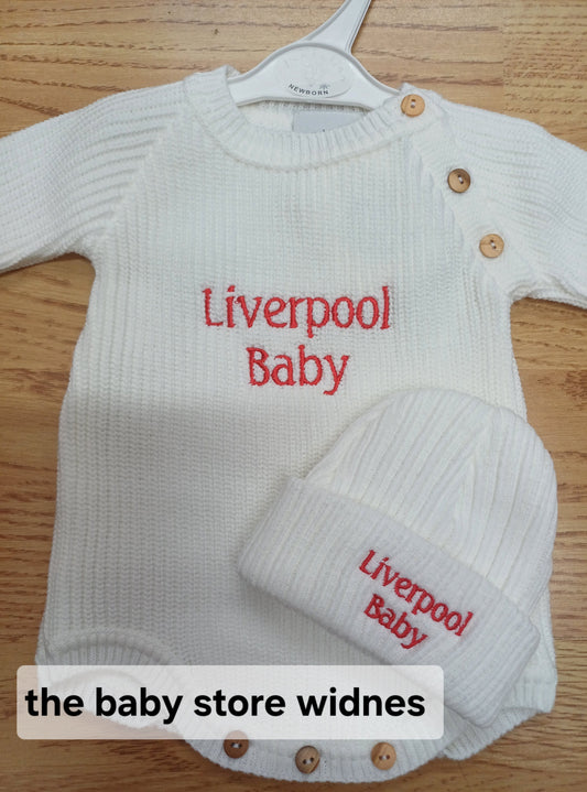 Babys dandelion knitted  romper and hat set embroidered with Liverpool Baby