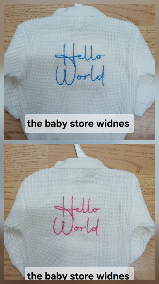 Dandelion boys or girls knitted  cardigan with hello world design embroidery