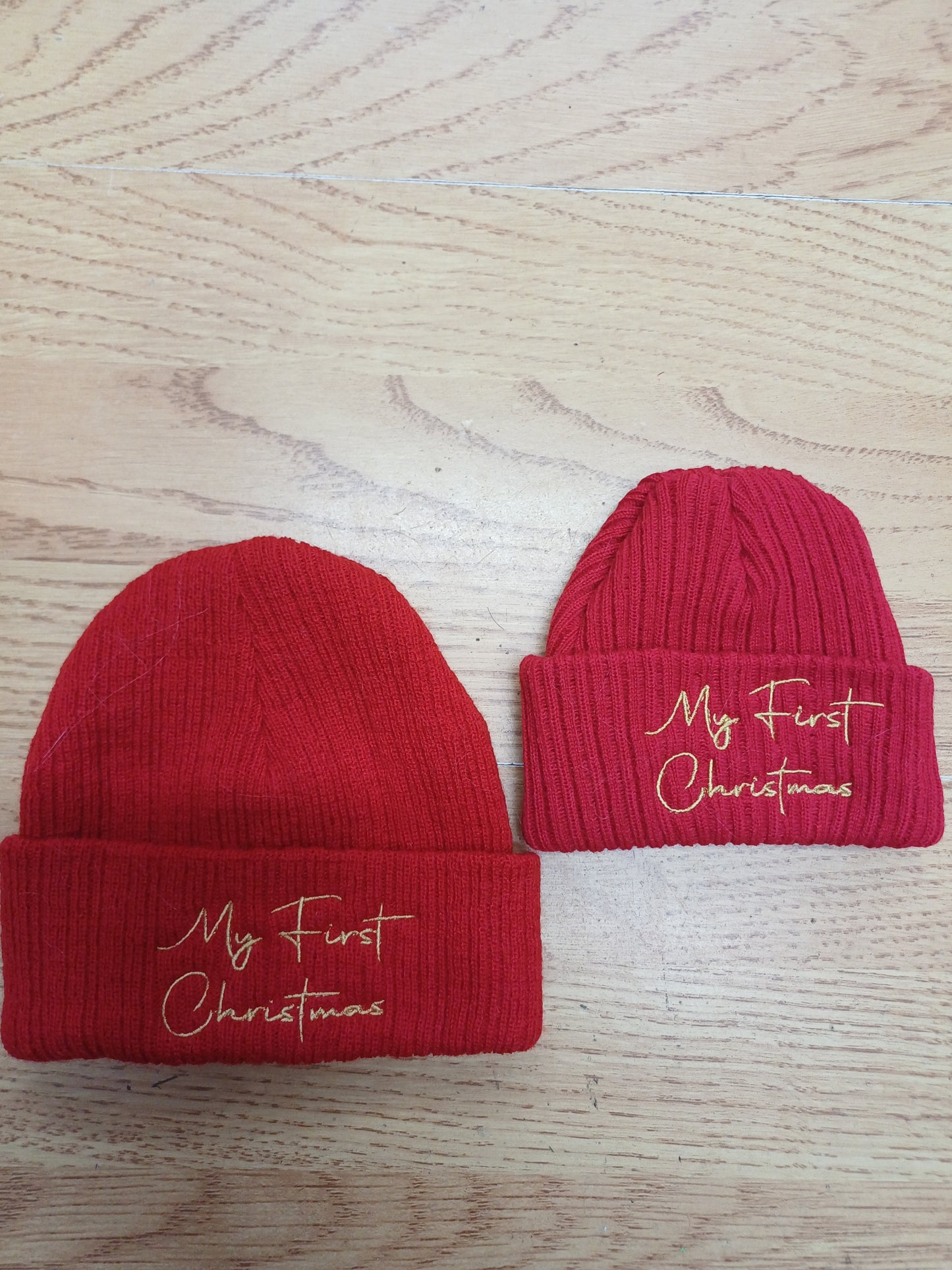 Babys unisex beanie hats embroidered with  my first Christmas