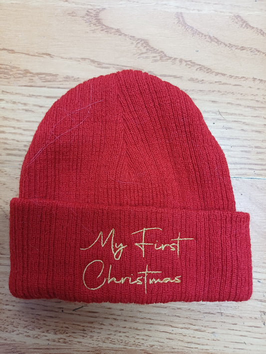 Babys unisex beanie hats embroidered with  my first Christmas