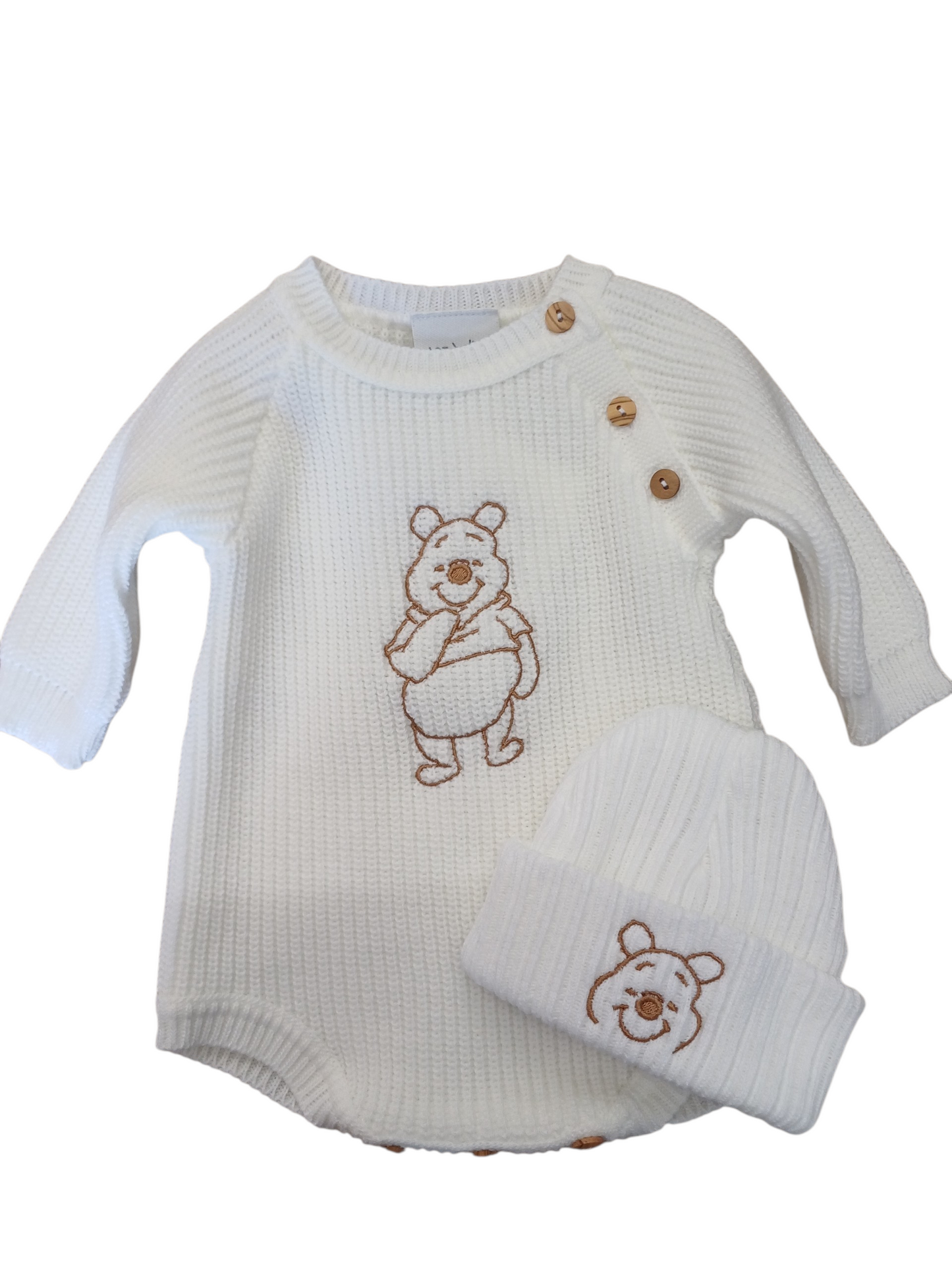 Babys unisex knitted  romper and beanie hat set  dandelion  embroidered with poo bear