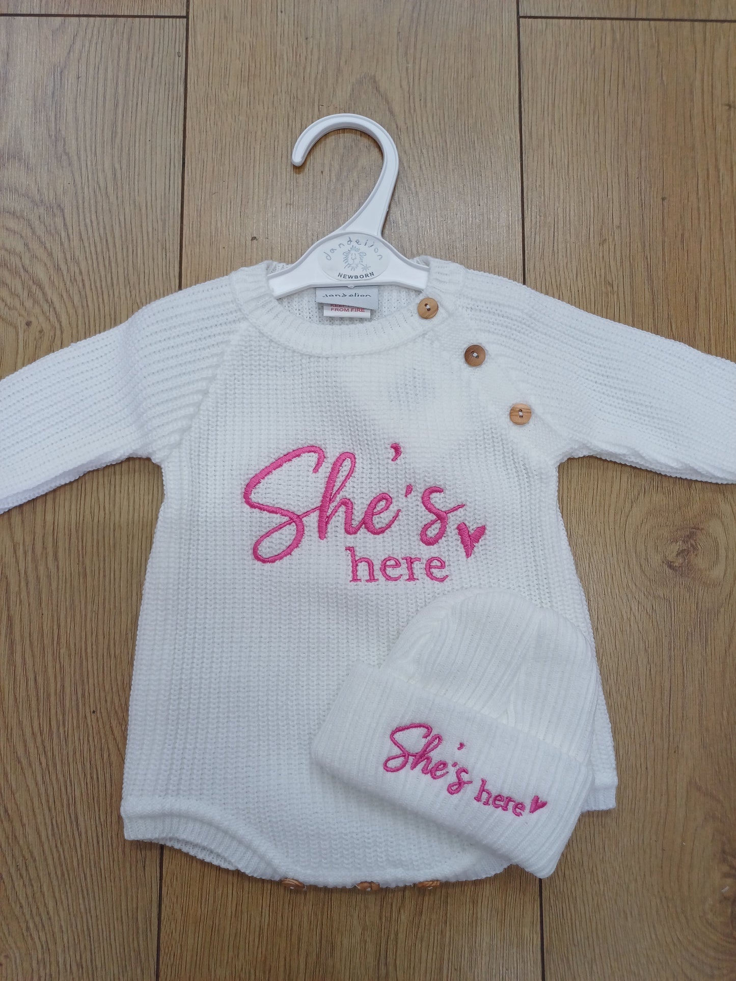 Dandelion Babys  knitted  romper and hat set with  He's  or she's here embroidery