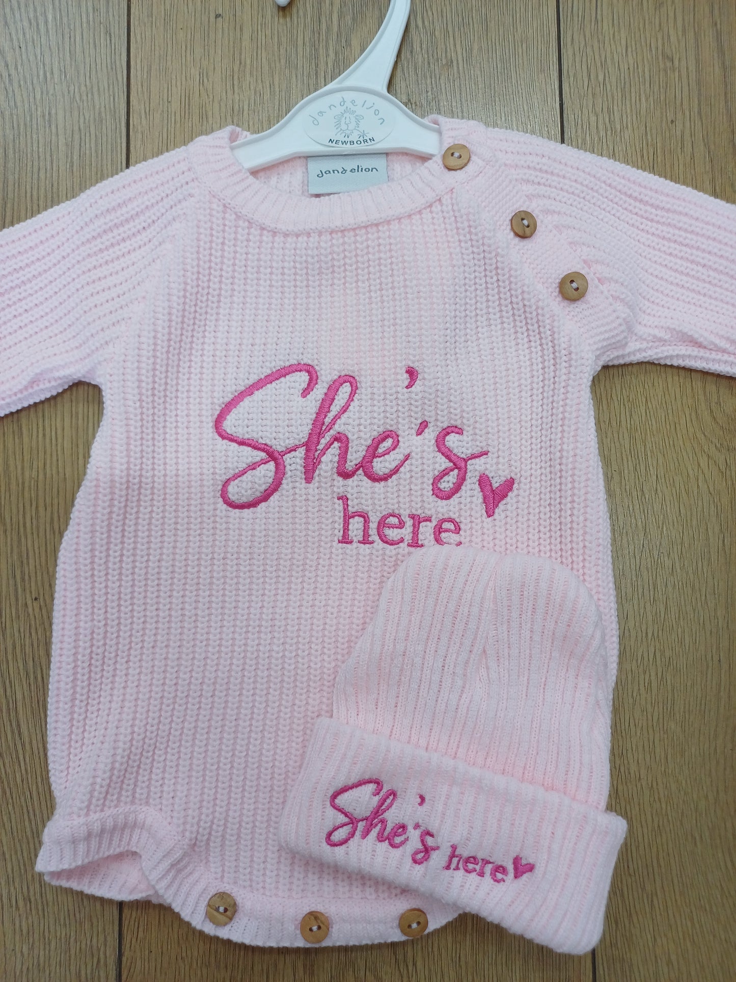 Dandelion Babys  knitted  romper and hat set with  He's  or she's here embroidery