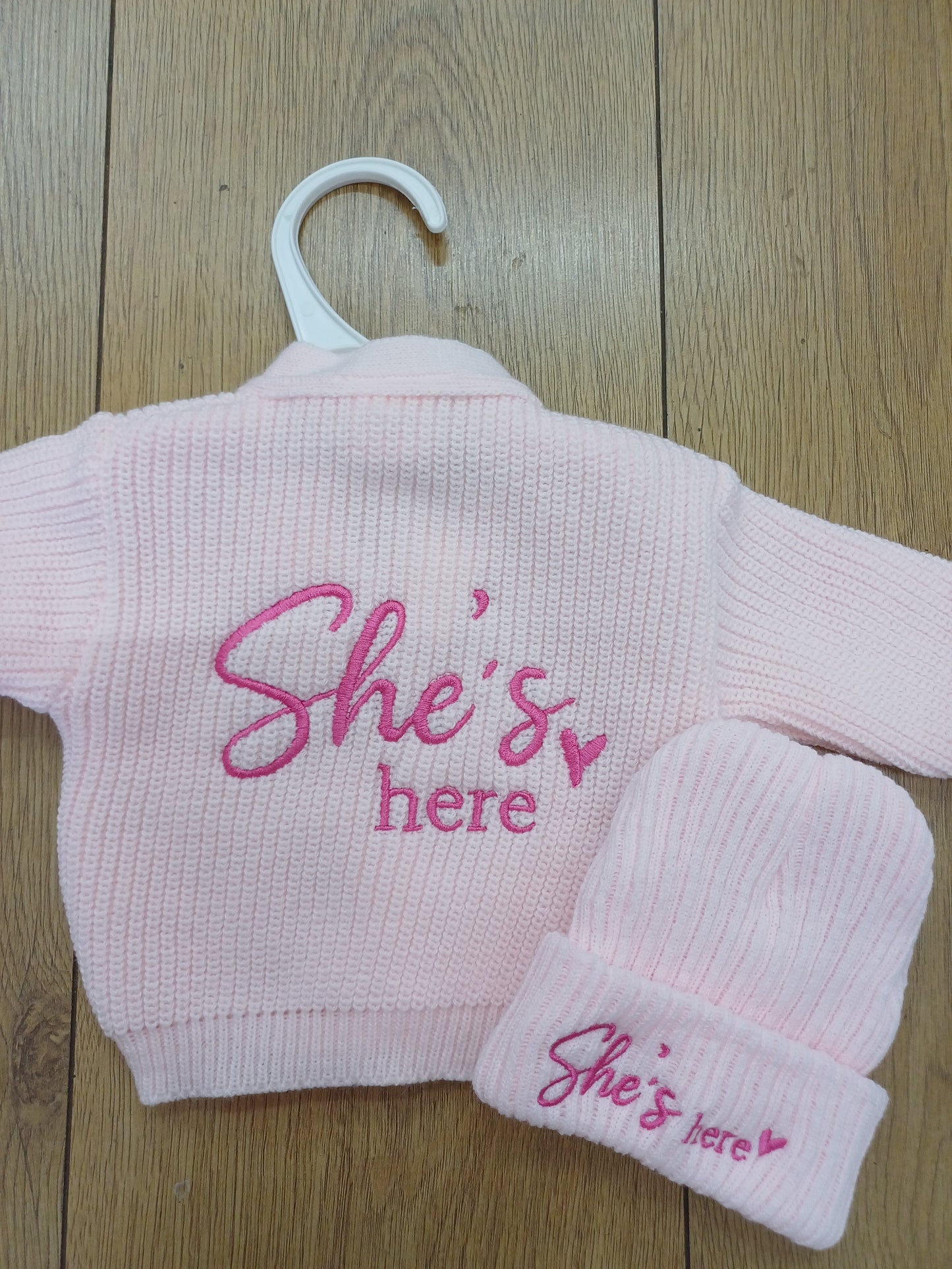 Babys knitted  cardie and hat set with He's here  or she's here embroidery