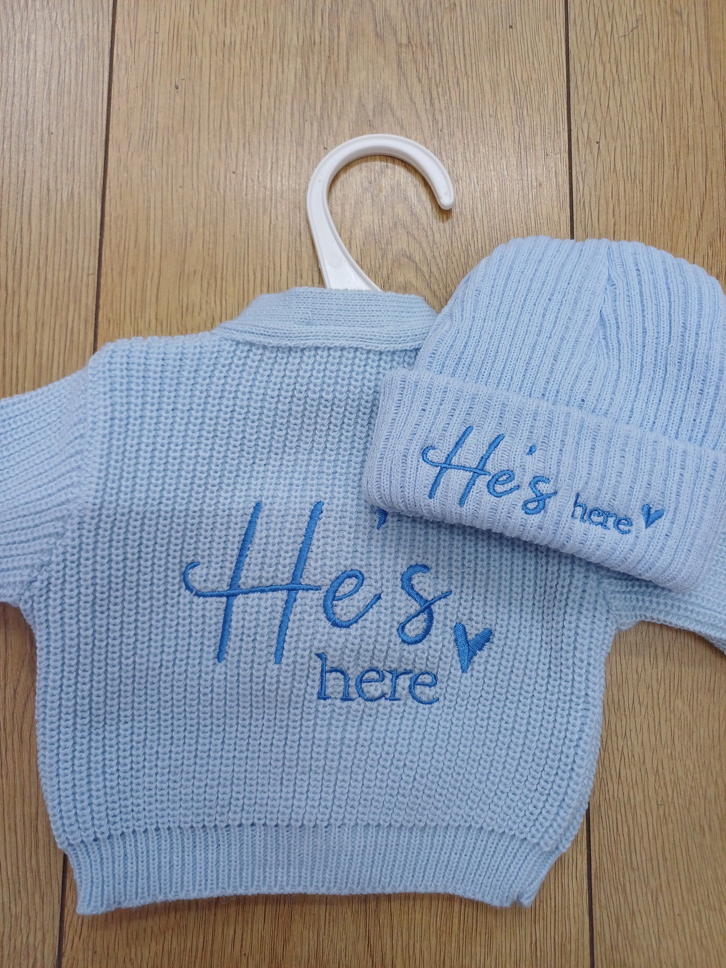 Babys knitted  cardie and hat set with He's here  or she's here embroidery