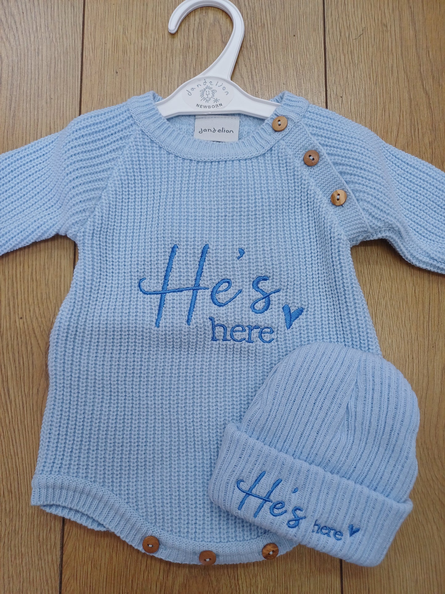 Dandelion Babys  knitted  romper and hat set with  He's  or she's here embroidery
