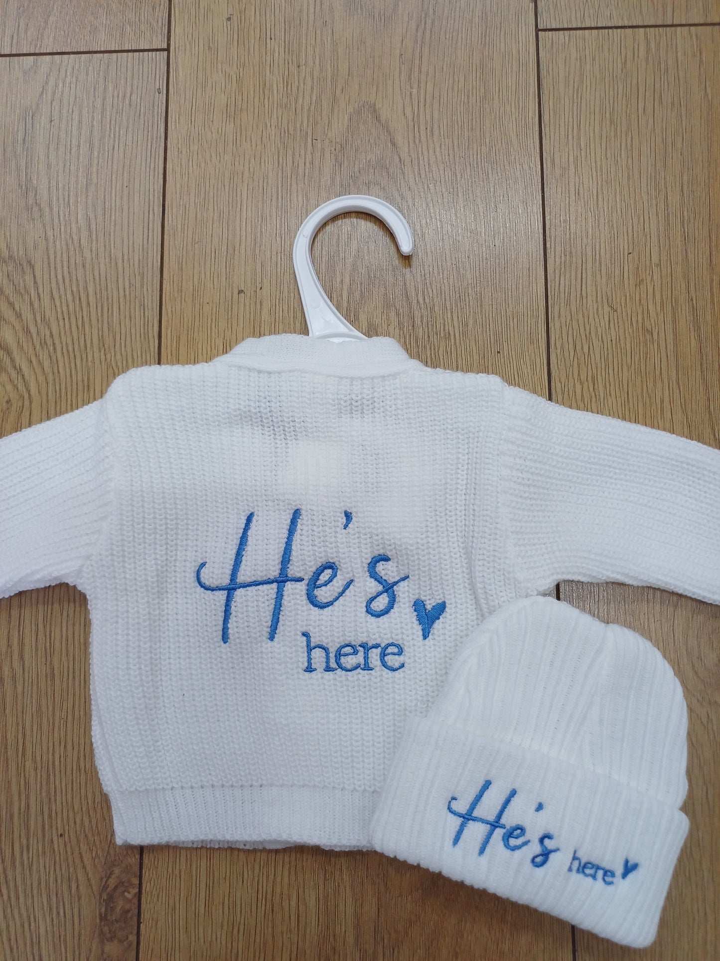 Babys knitted  cardie and hat set with He's here  or she's here embroidery