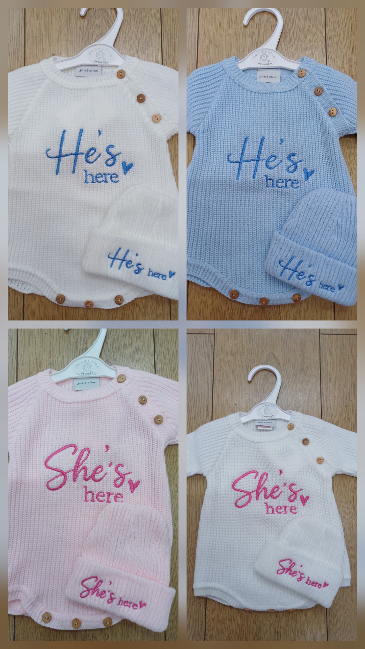 Dandelion Babys  knitted  romper and hat set with  He's  or she's here embroidery