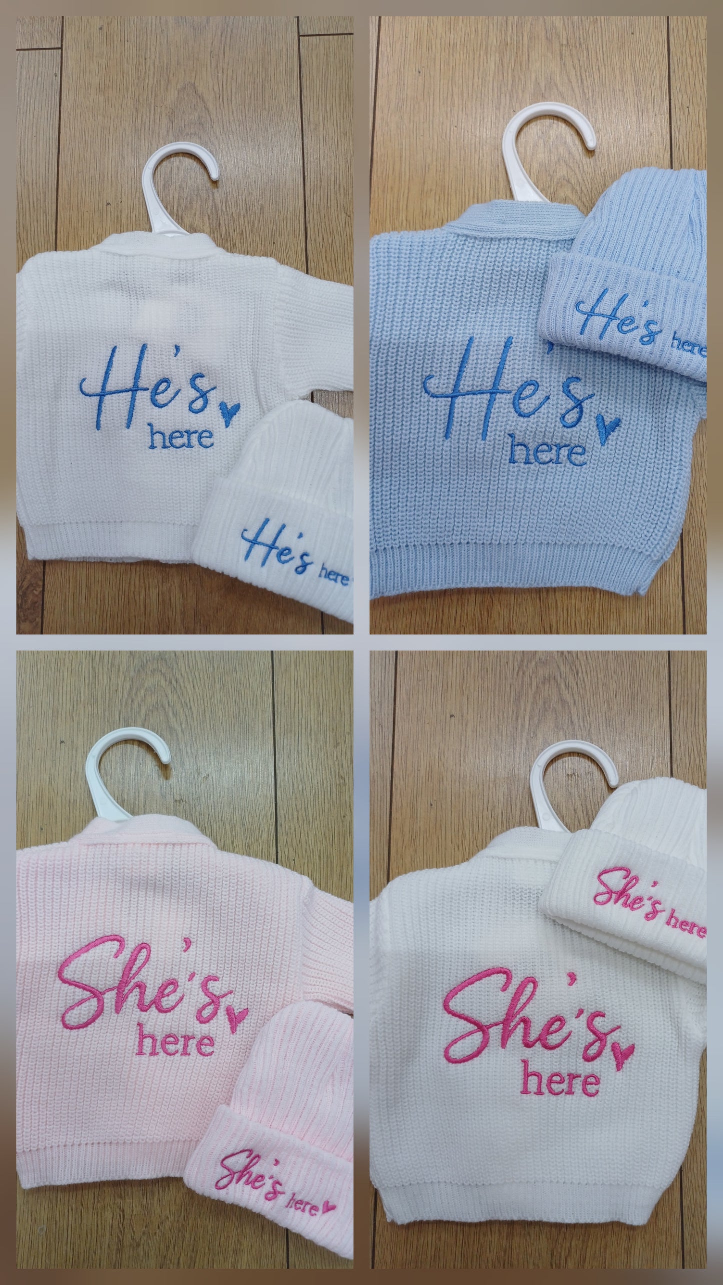 Babys knitted  cardie and hat set with He's here  or she's here embroidery
