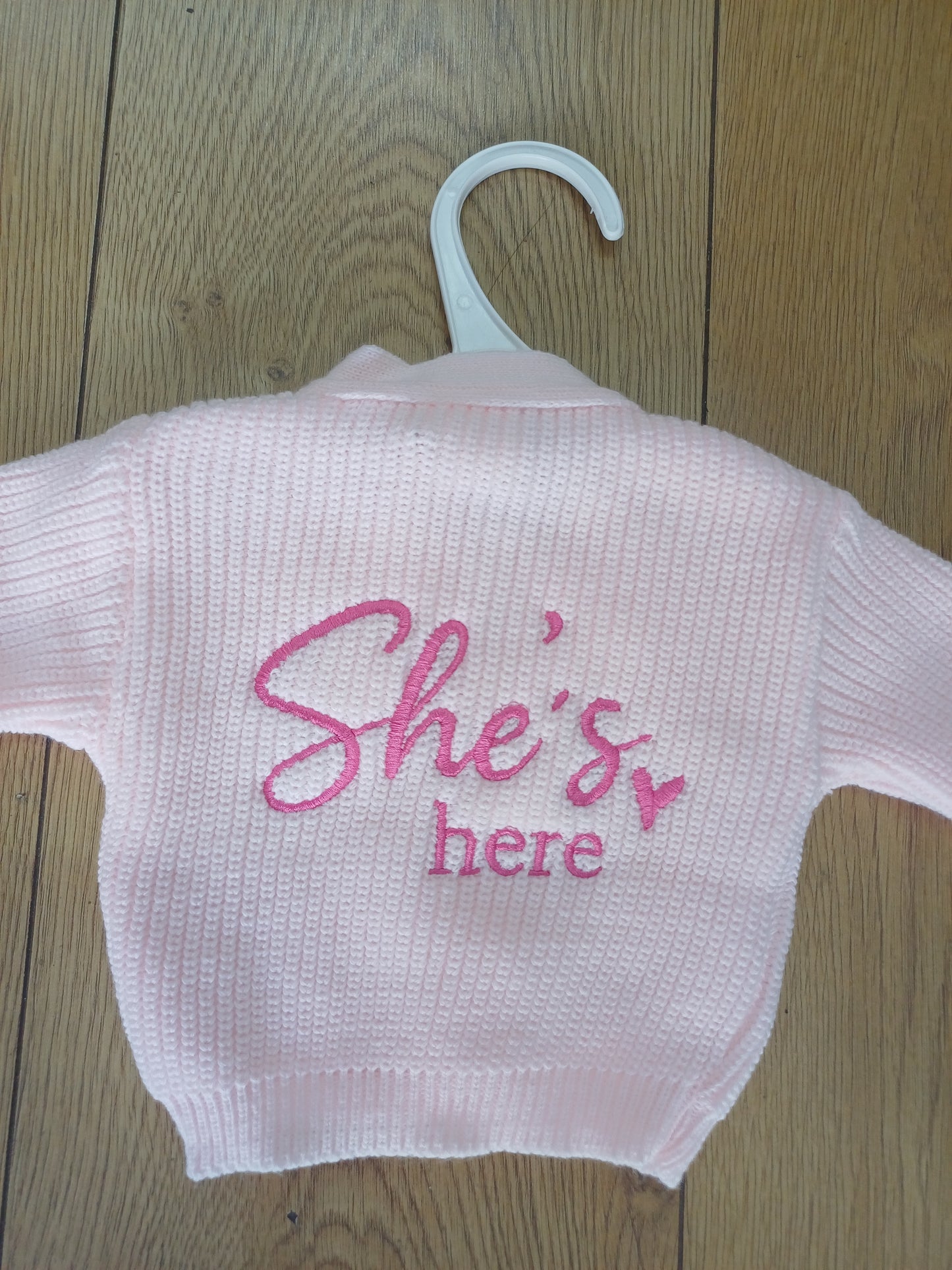 Babys  knitted  cardie with he's here  or she's here embroidery
