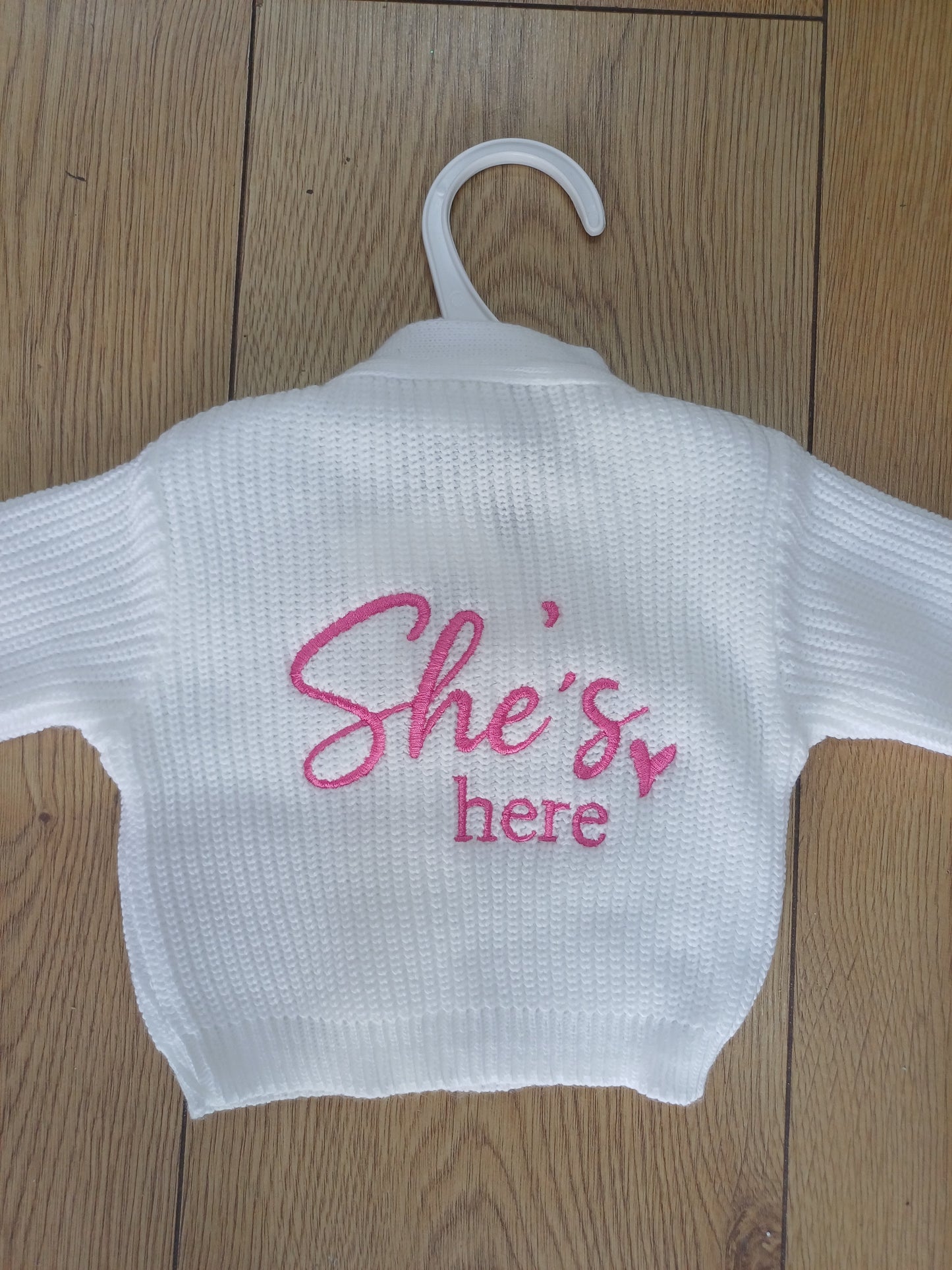 Babys  knitted  cardie with he's here  or she's here embroidery