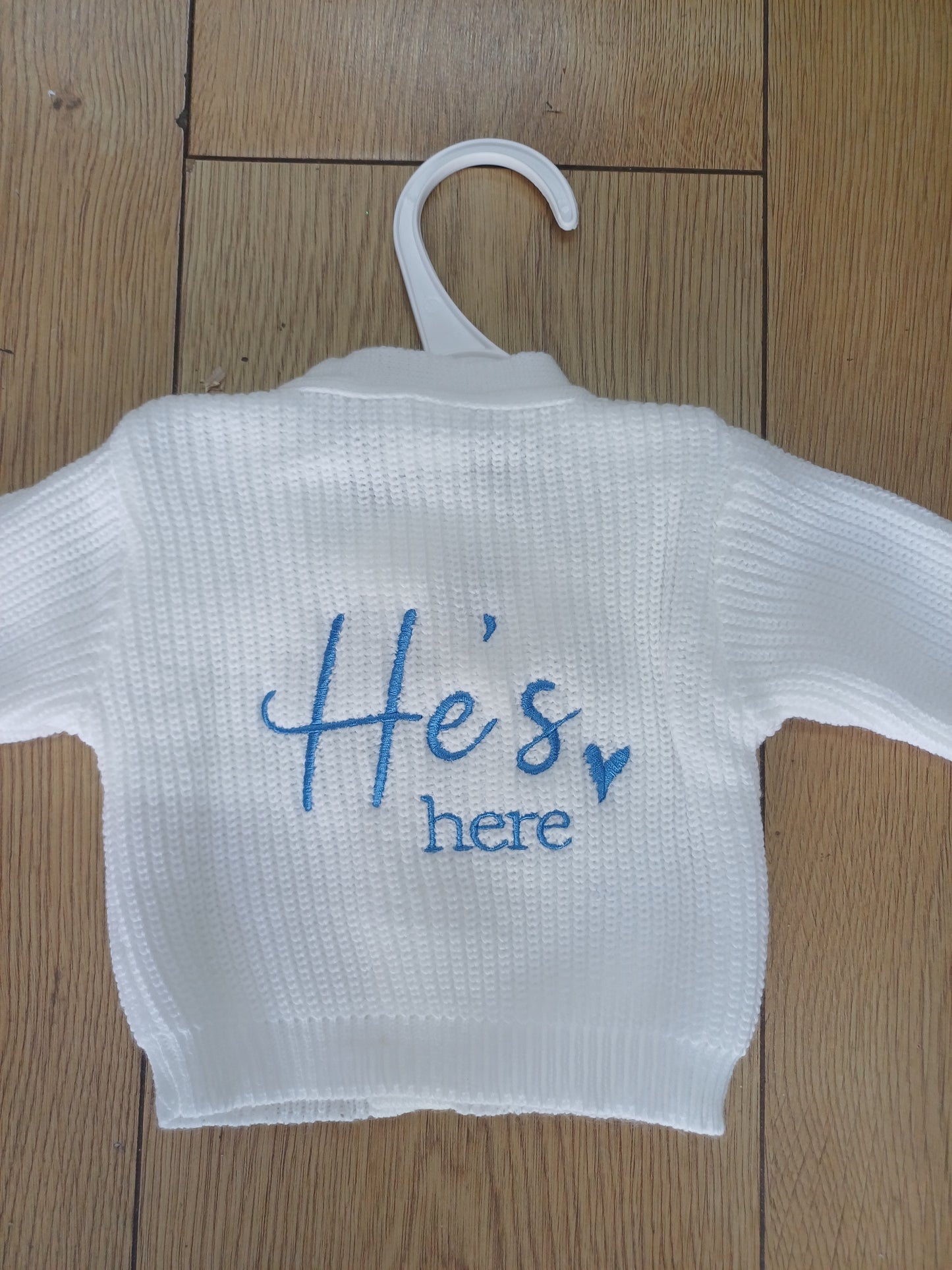 Babys  knitted  cardie with he's here  or she's here embroidery