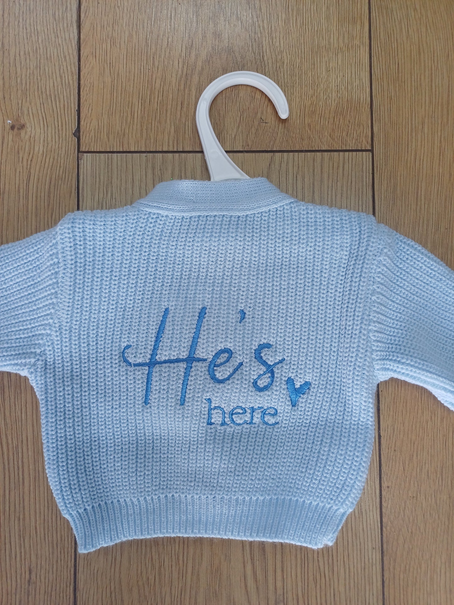 Babys  knitted  cardie with he's here  or she's here embroidery