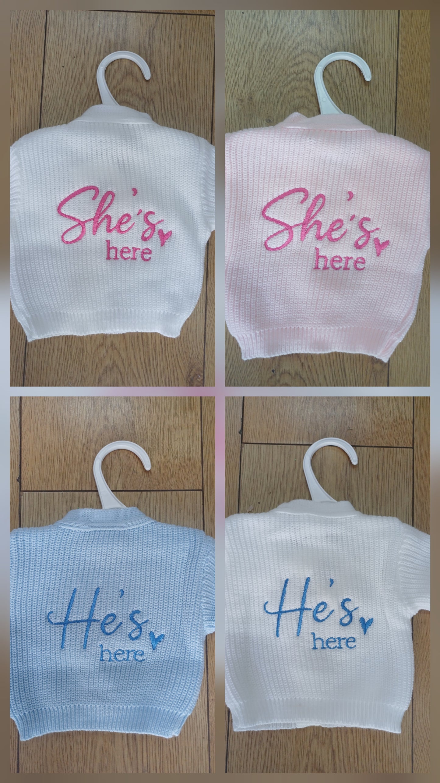 Babys  knitted  cardie with he's here  or she's here embroidery