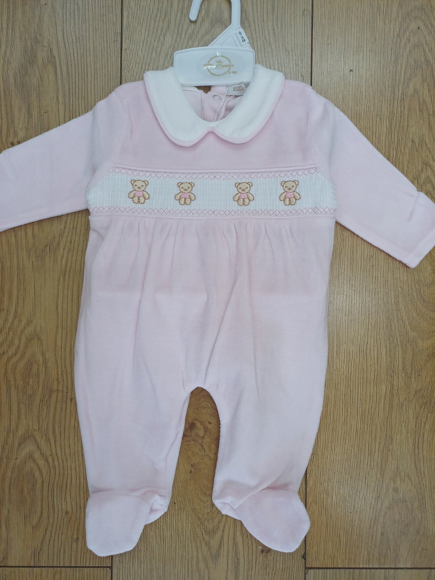 Baby girls  smocked velour baby grow sleepsuit with teddy bear Embroidery