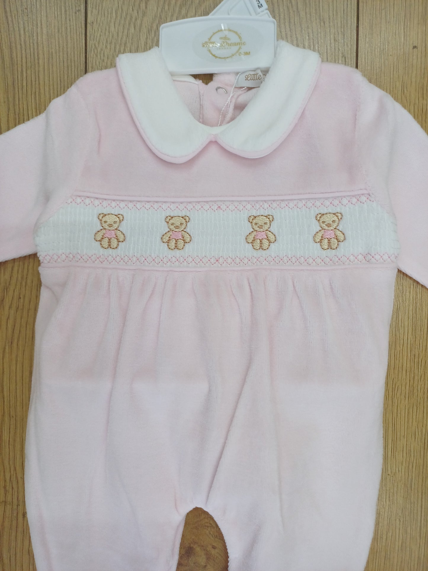 Baby girls  smocked velour baby grow sleepsuit with teddy bear Embroidery