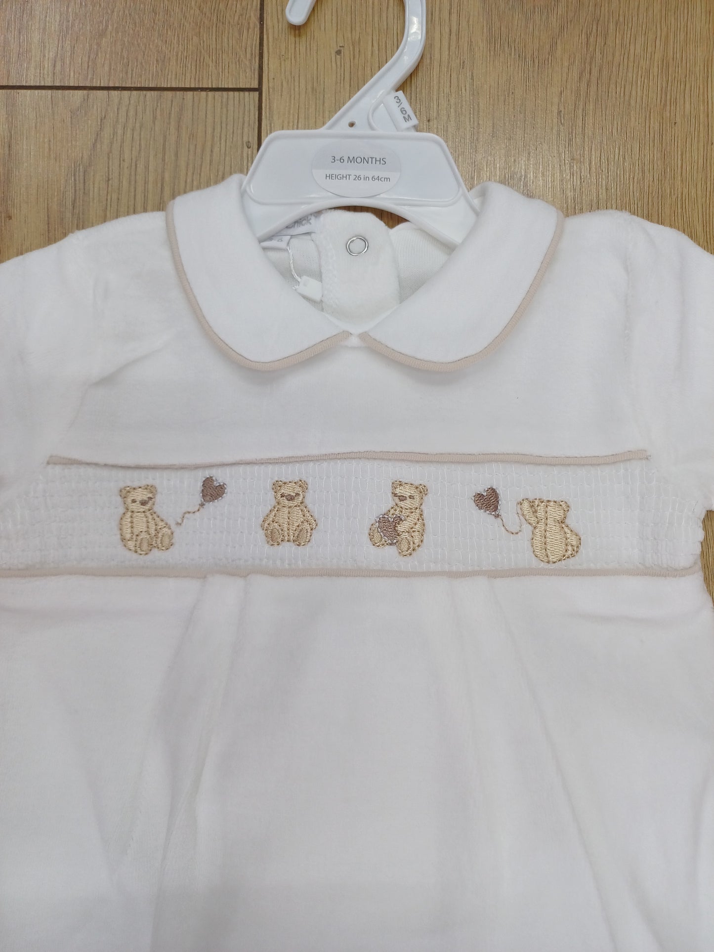 Babys unisex smocked velour baby grow sleepsuit with teddy bear Embroidery