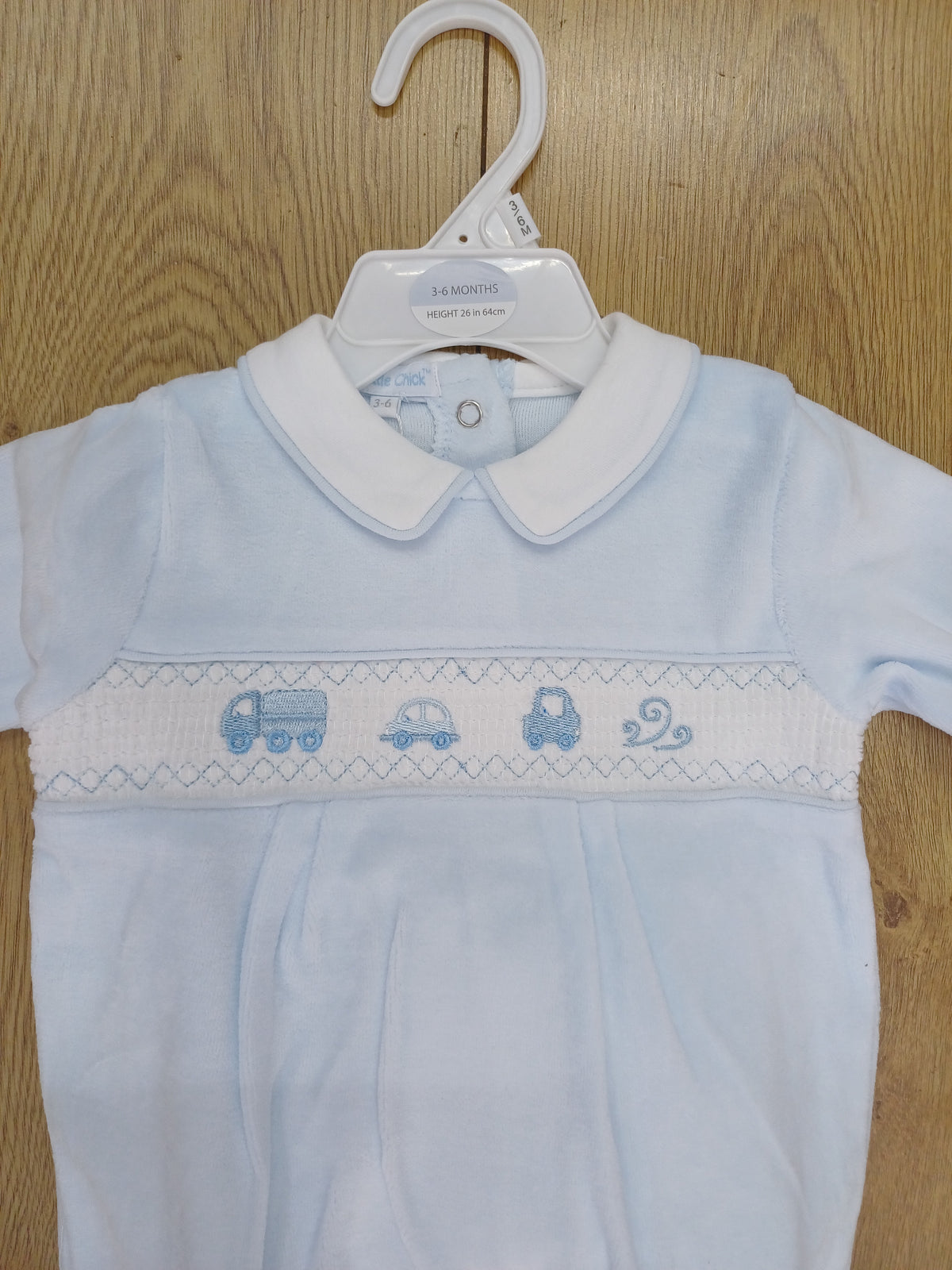 Baby Boys  smocked velour  romper with  truck and  cars embroidery