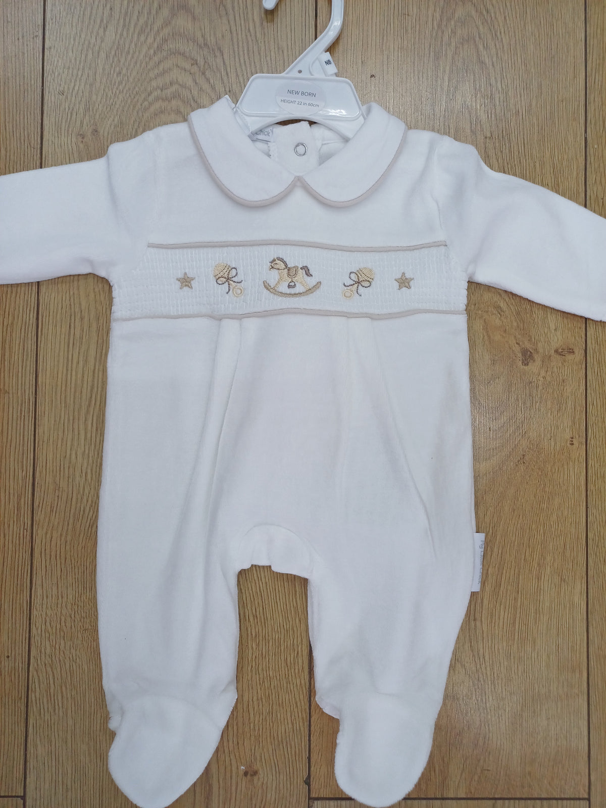 Babys unisex smocked velour  romper with  Rocking Horse embroidery