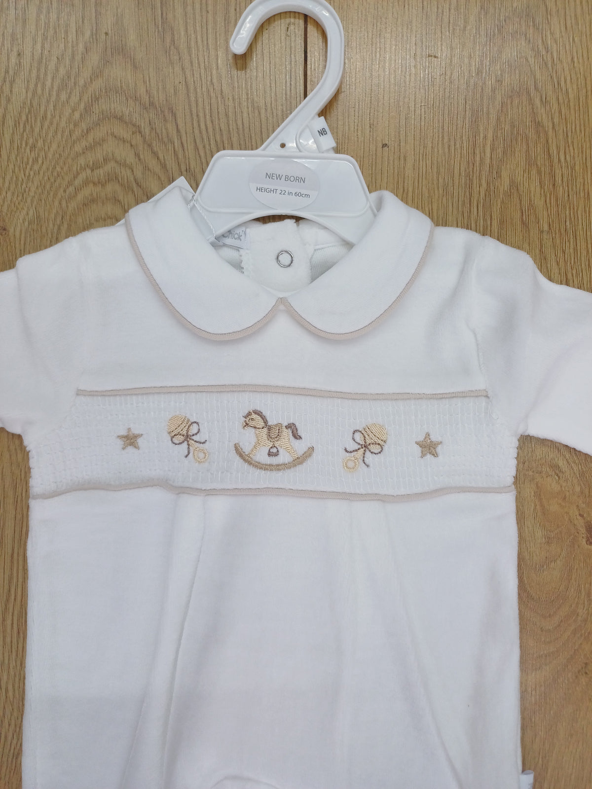 Babys unisex smocked velour  romper with  Rocking Horse embroidery