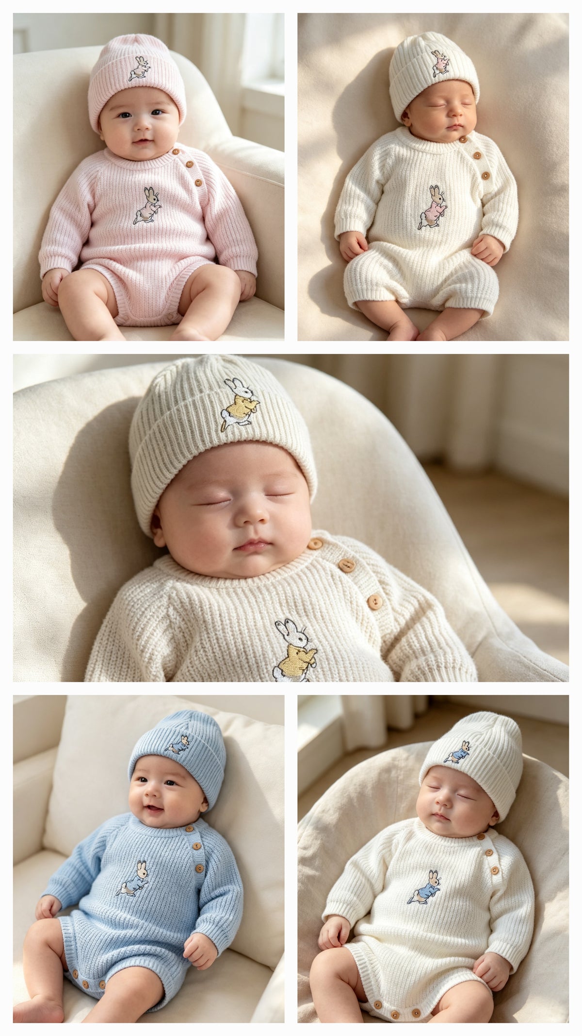 Dandelion embroidered romper set with hat  and  peter rabbit themed embroidery