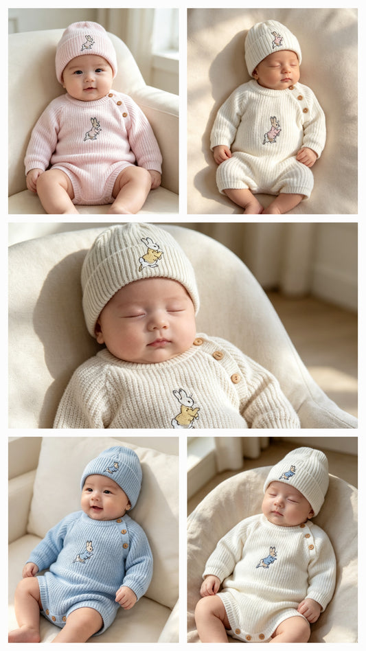 Dandelion embroidered romper set with hat  and  peter rabbit themed embroidery