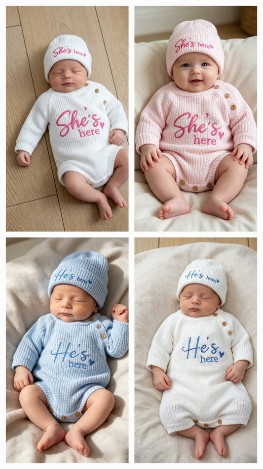 Dandelion Babys  knitted  romper and hat set with  He's  or she's here embroidery