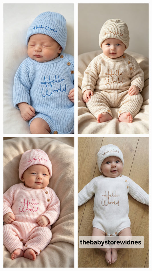 Dandelion unisex romper and hat set embroidered with  hello world