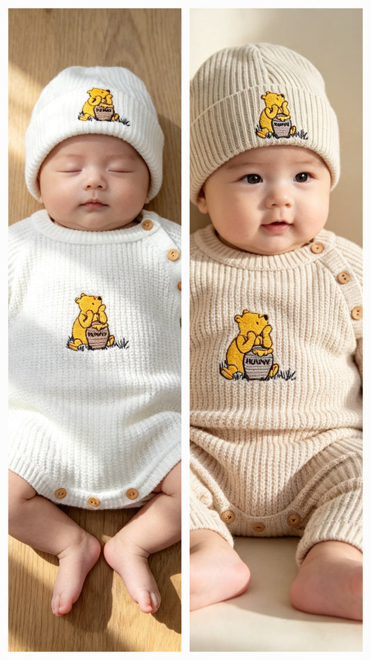 Dandelion unisex babys knitted romper and hat set embroidered with pooh bear