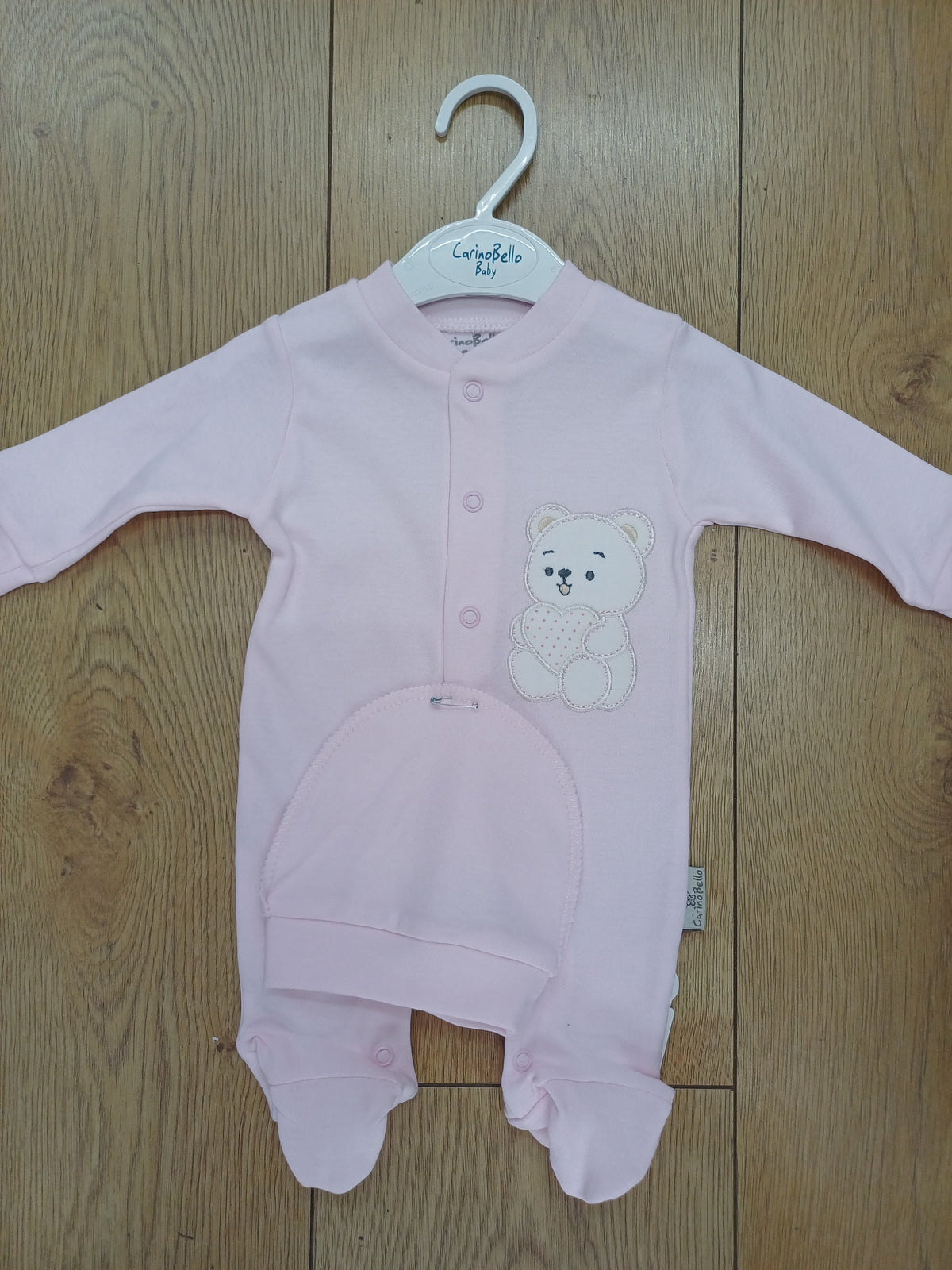 Baby girls  cotton sleepsuit with teddy bear design motif and hat