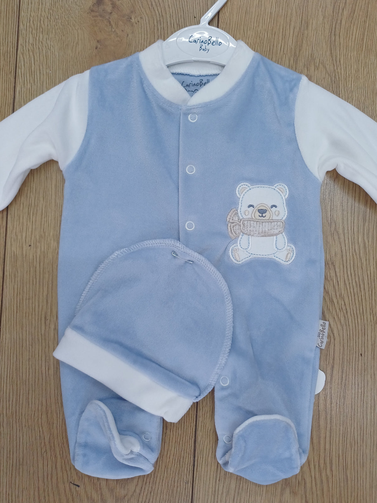 Baby Boys  velour  romper with teddy bear design motif  and  hat