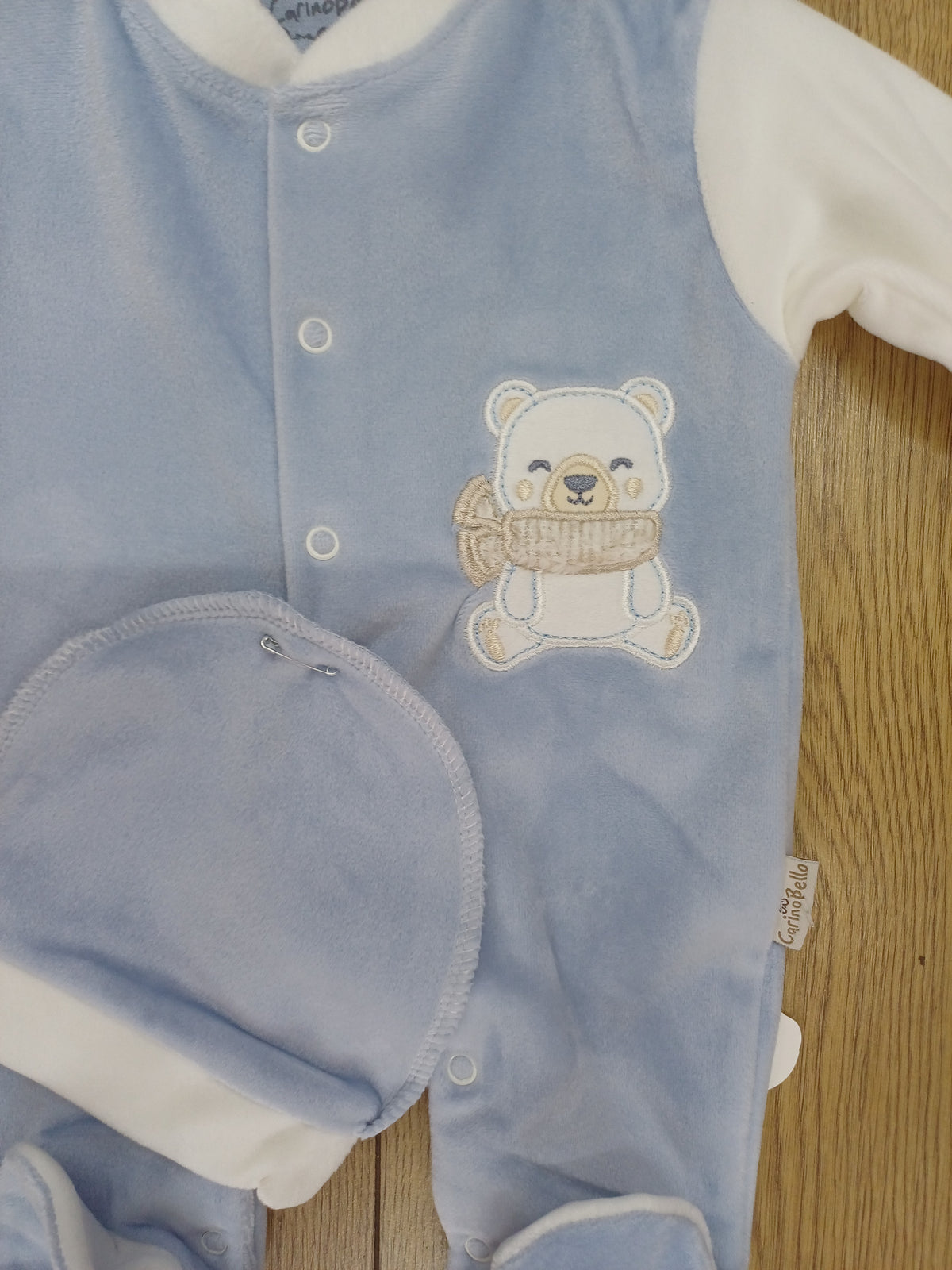 Baby Boys  velour  romper with teddy bear design motif  and  hat