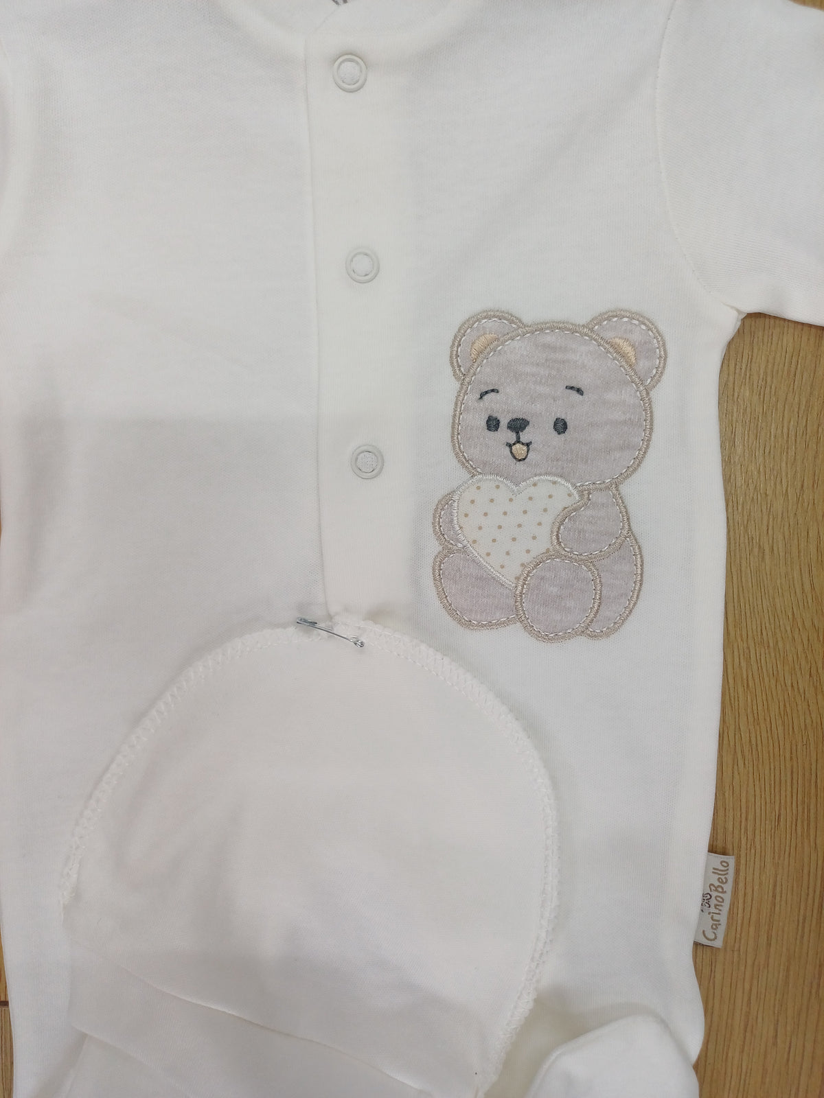 Babys unisex  cotton  sleepsuit with teddy bear design motif and hat