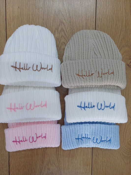 Baby Boys  / girls beanie hats with hello world embroidery size newborn