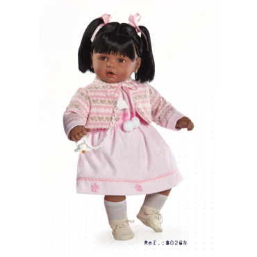 Spanish  toddler black  crying doll comes in  dress with knitted  cardigan size 62 cm