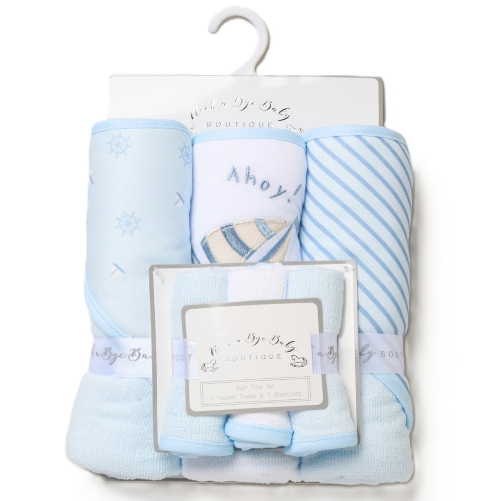 Baby Boys  3 hooded towels and 3 wash cloths set  sailor  boat  design perfect for bath time designs may vary