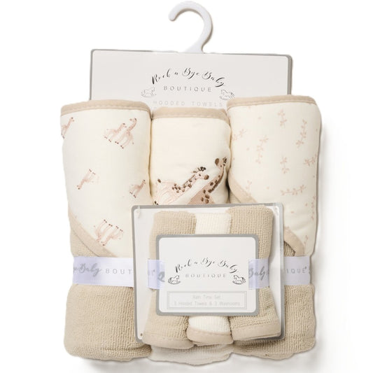 Baby unisex 3 hooded towels and  3 wash cloths set  giraffe design perfect for bath time designs may vary