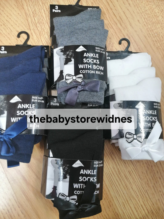 School ankle socks with bows  pack of 3 pairs