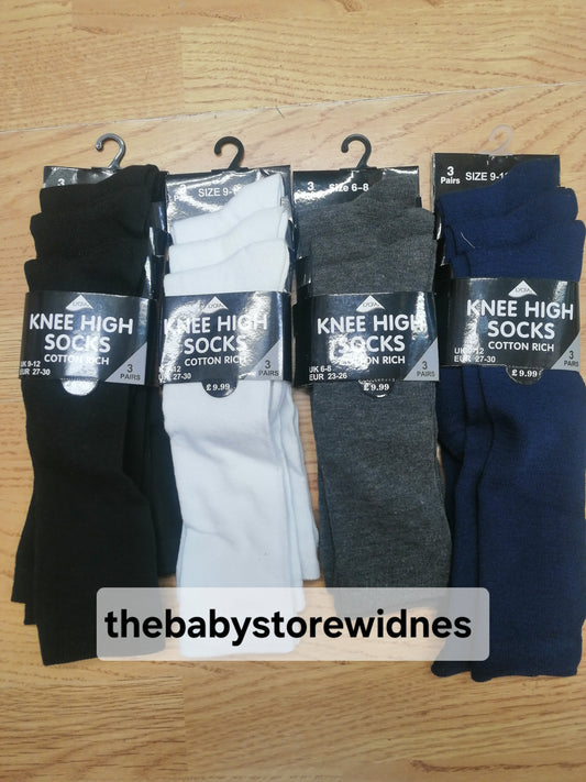 Back to school knee high socks 3 pairs in a pack various colours to choose from and sizes