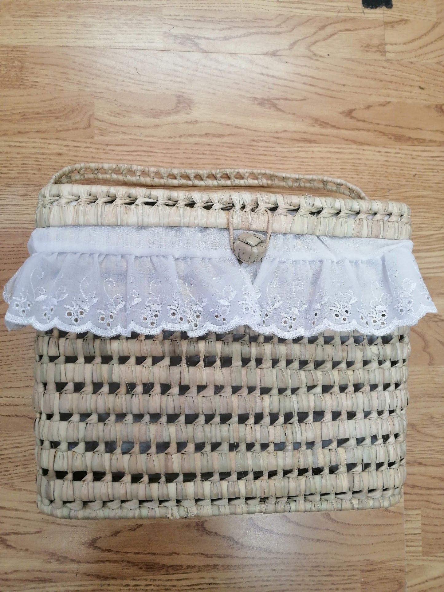 beautiful baby layette basket with broderie anglaise frill and lid