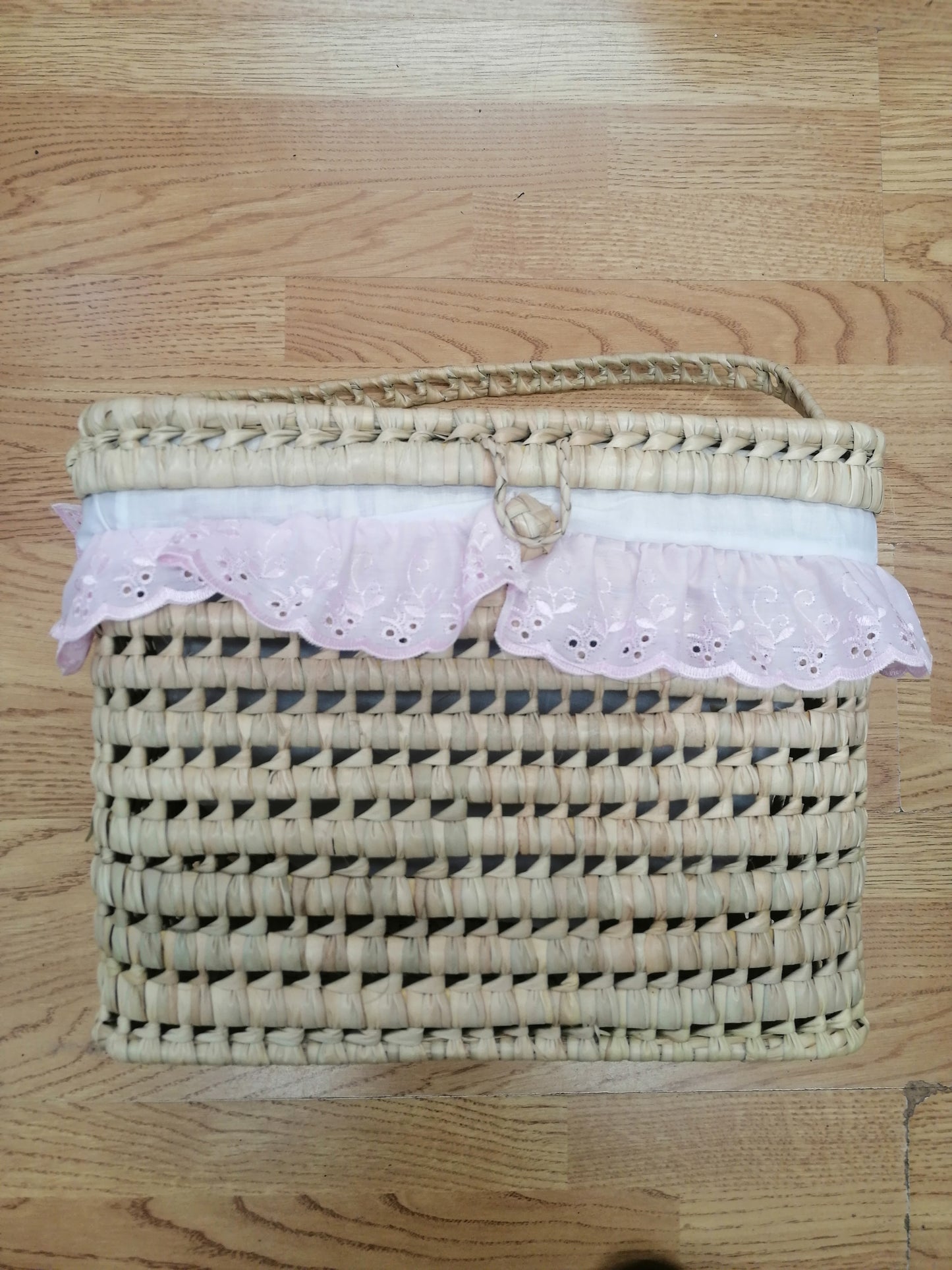 beautiful baby layette basket with broderie anglaise frill and lid